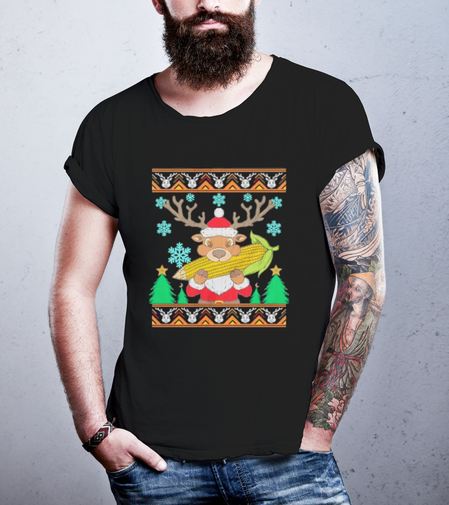 Reindeer Holding Corn With Snowflakes And Trees Christmas T-Shirt