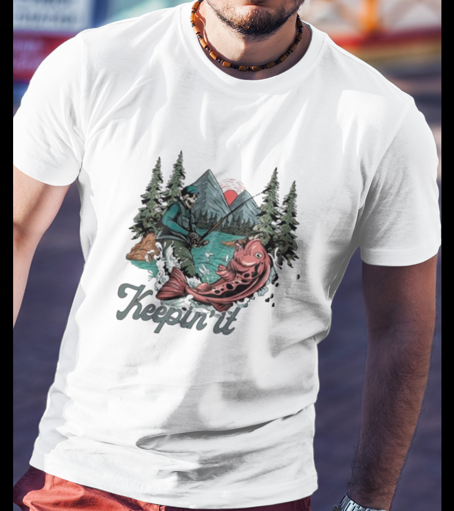 Keepin' It Reel Skeleton Fishing Adventure With Giant Fish And Mountain Lake Scene T-Shirt