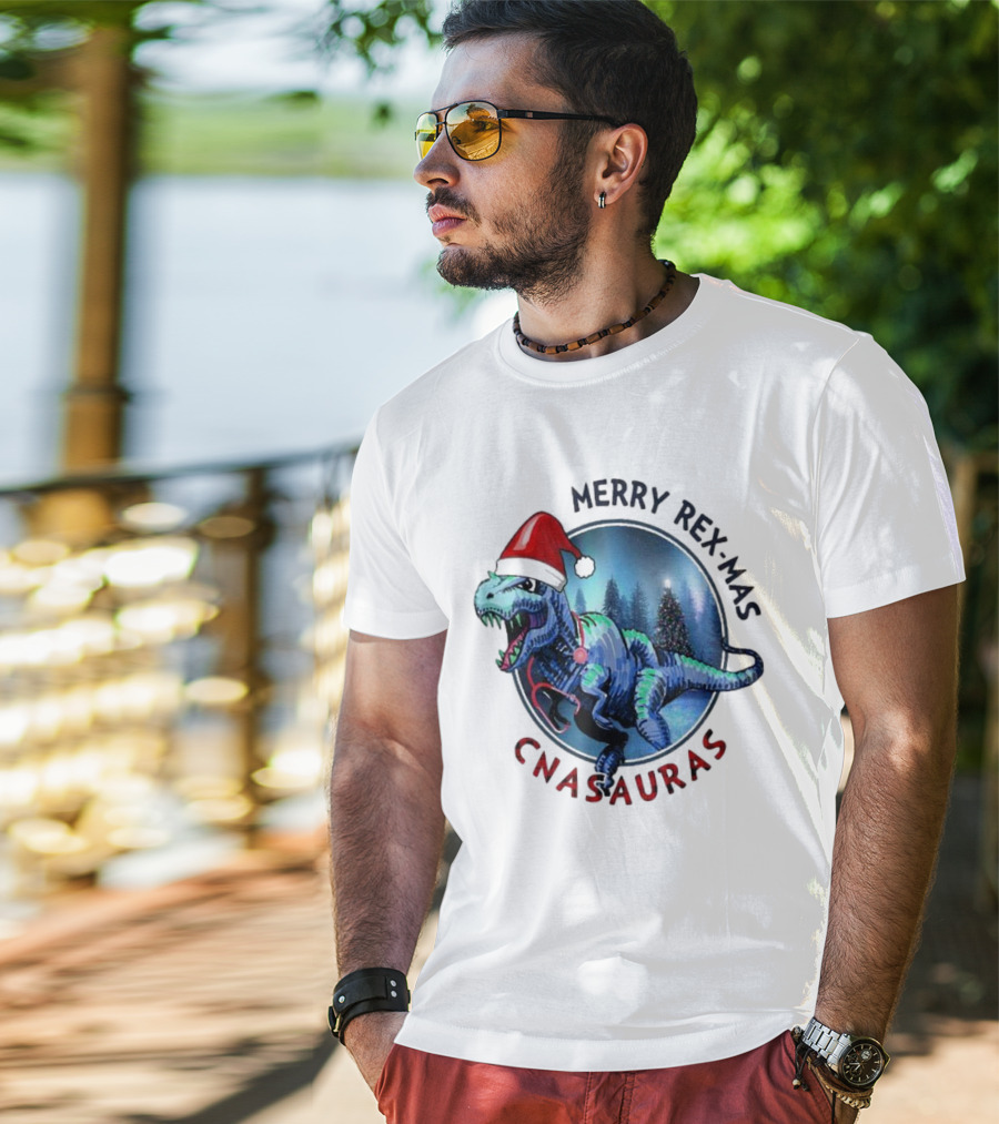 Merry Rex-mas CNAauras Santa Hat Dinosaur Christmas Tree Forest T-Shirt