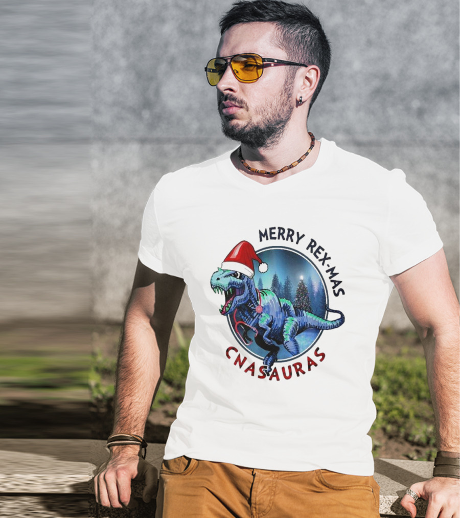 Merry Rex-mas CNAauras Santa Hat Dinosaur Christmas Tree Forest T-Shirt