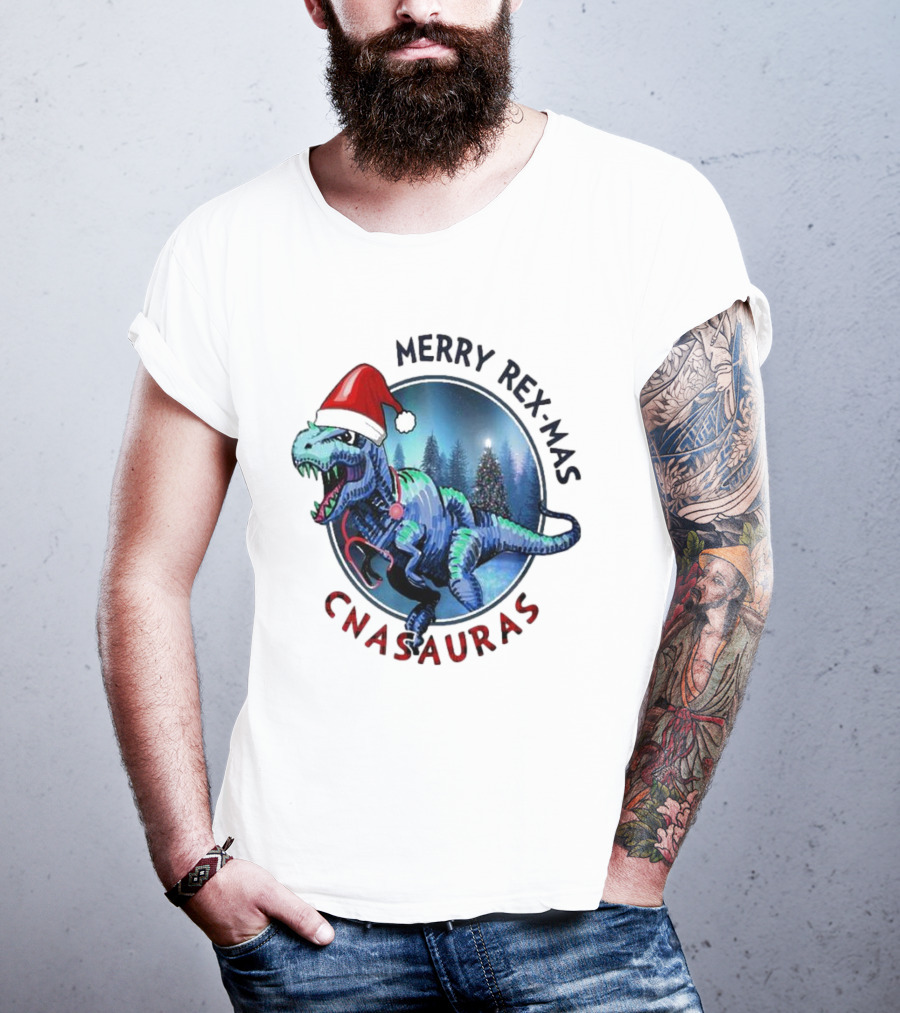 Merry Rex-mas CNAauras Santa Hat Dinosaur Christmas Tree Forest T-Shirt