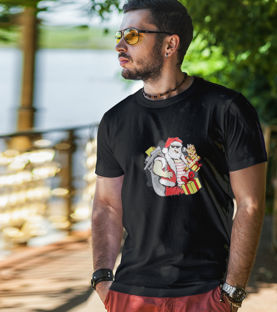 Santa Claus Cool Sunglasses Carrying Christmas Gifts T-Shirt