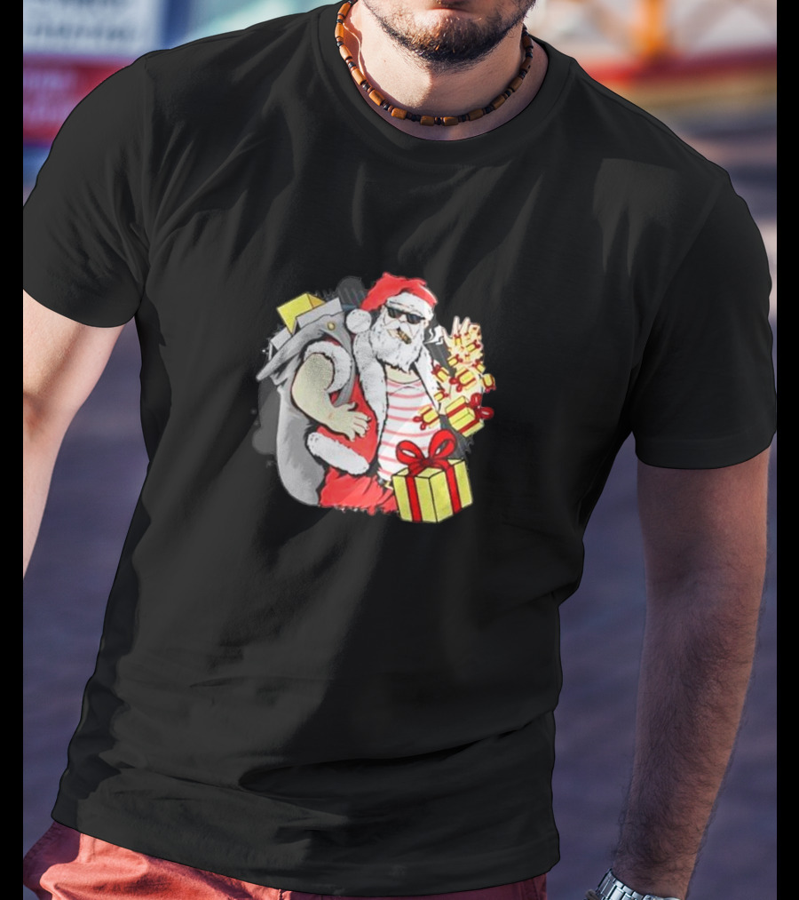 Santa Claus Cool Sunglasses Carrying Christmas Gifts T-Shirt