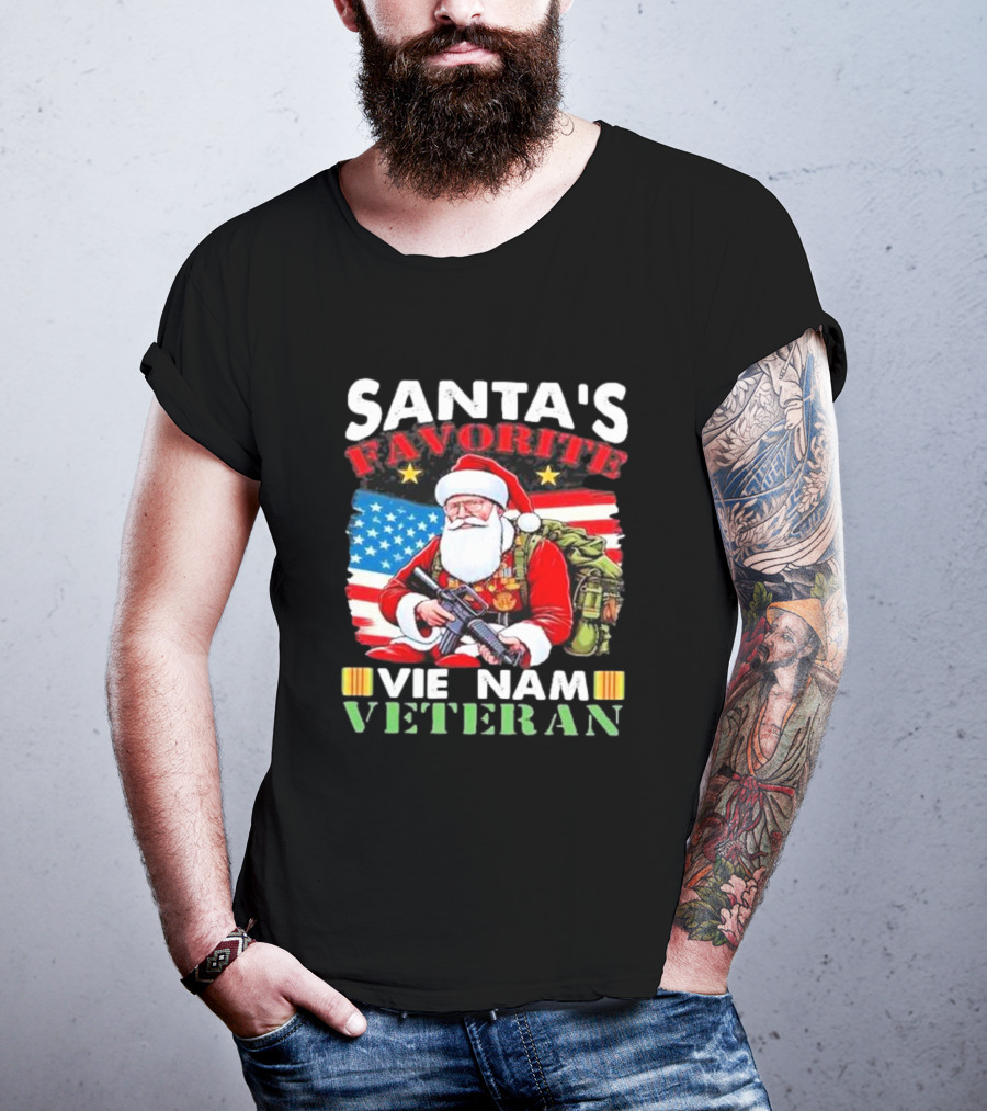 Santa's Favorite Vietnam Veteran With American Flag And Santa Claus Holding Military Gear T-Shirt
