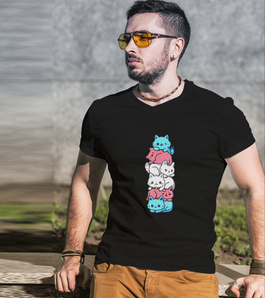 Transgender Pride Cats Stack Flag Colors T-Shirt