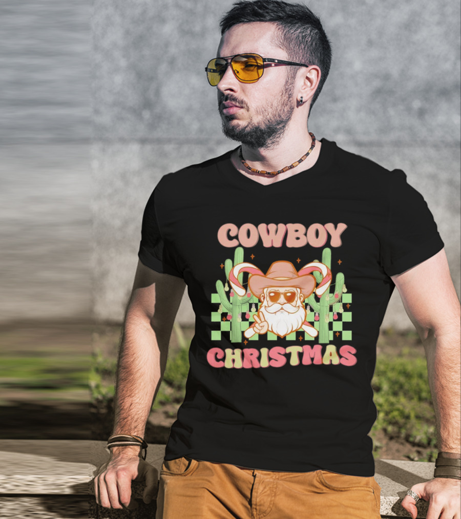 Cowboy Christmas Santa With Candy Cane And Cactus T-Shirt