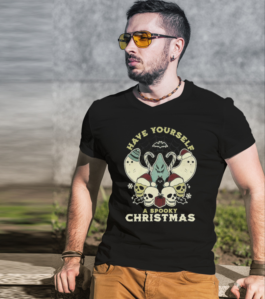 Have Yourself A Spooky Christmas With Ghosts Skulls And Bat T-Shirt
