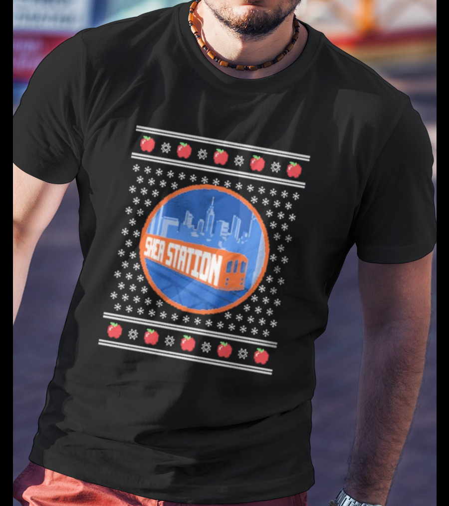 Shea Station New York Skyline Subway Snowflakes Apples T-Shirt