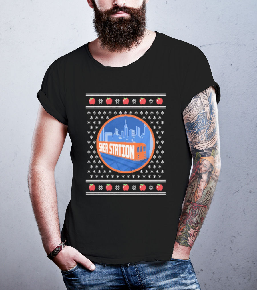 Shea Station New York Skyline Subway Snowflakes Apples T-Shirt