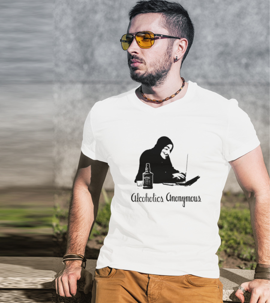 Alcoholics Anonymous Man With Bottle At Laptop T-Shirt