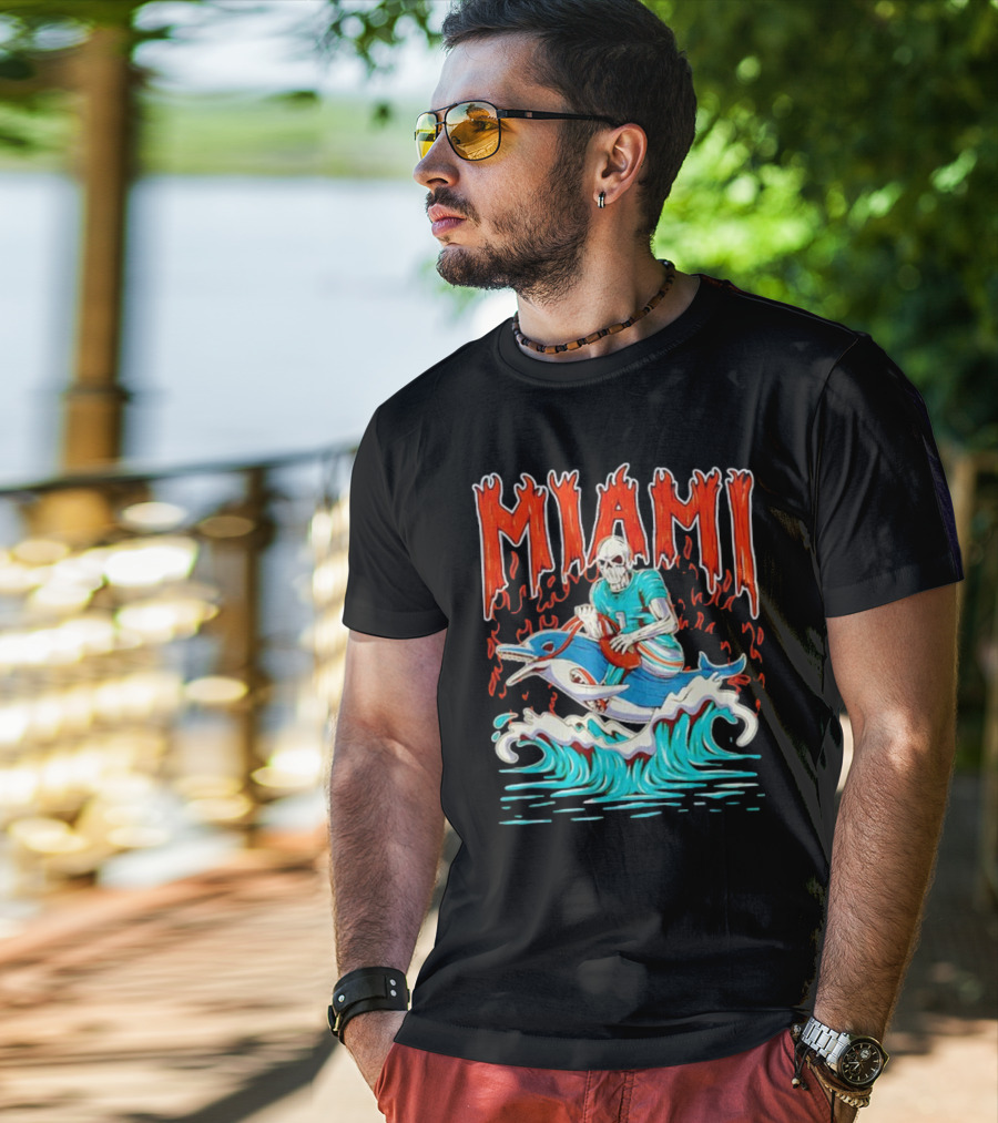 MIAMI Skeleton Riding Dolphin With Football And Flames T-Shirt