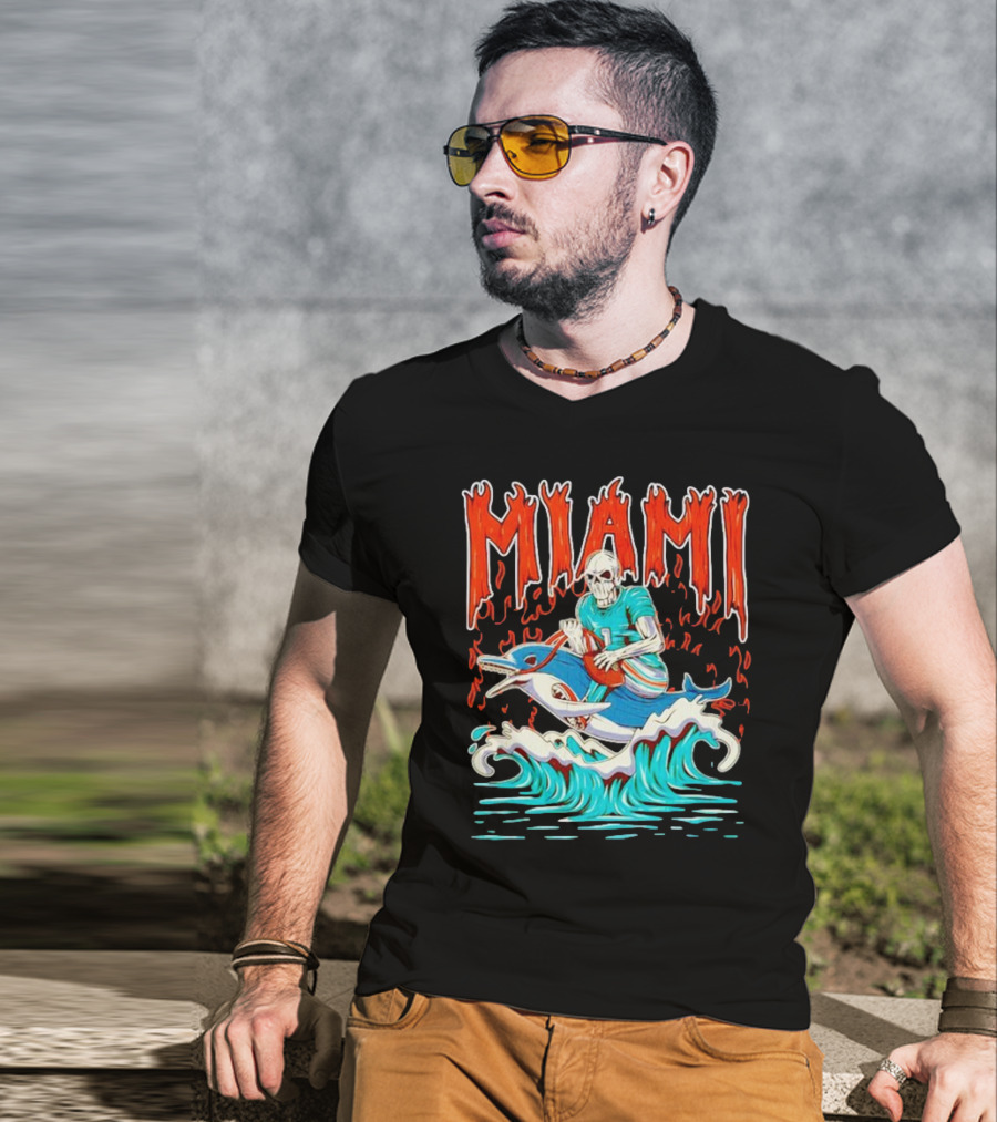MIAMI Skeleton Riding Dolphin With Football And Flames T-Shirt