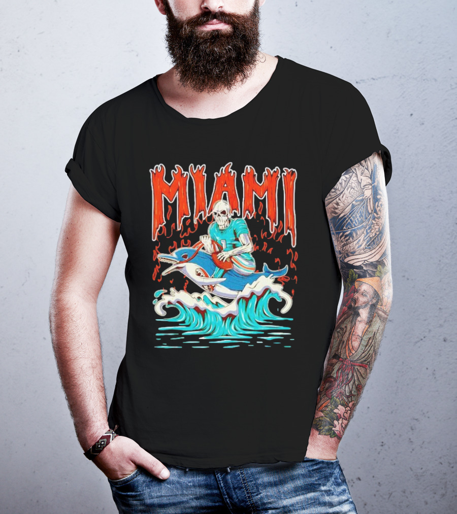 MIAMI Skeleton Riding Dolphin With Football And Flames T-Shirt