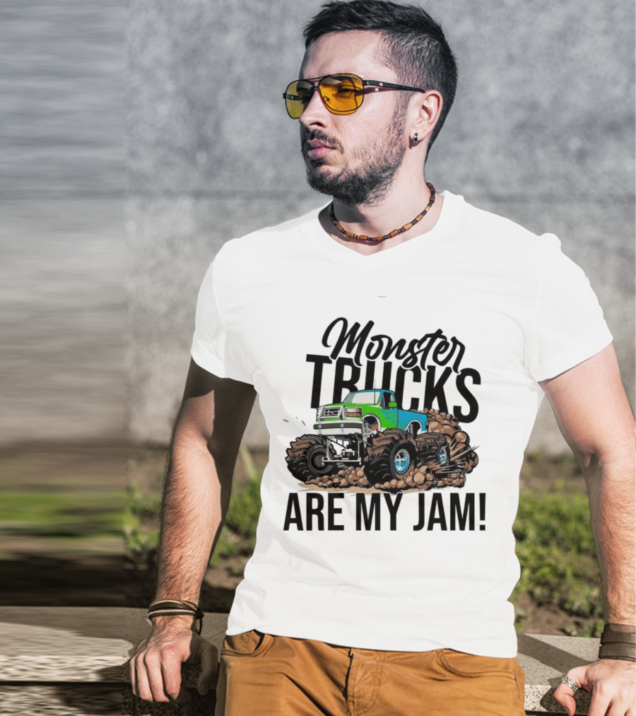 Monster Trucks Are My Jam Off-Road Adventure With Green And Blue Truck T-Shirt