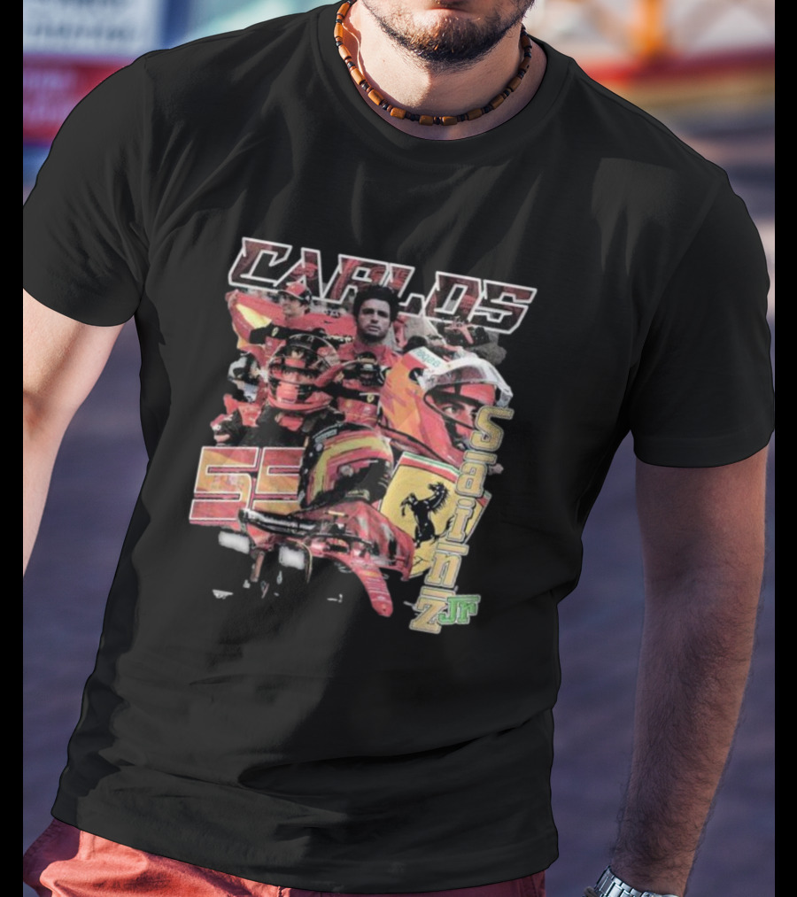 Carlos Sainz Jr Ferrari Racing Inspired Collage With Car Number 55 T-Shirt