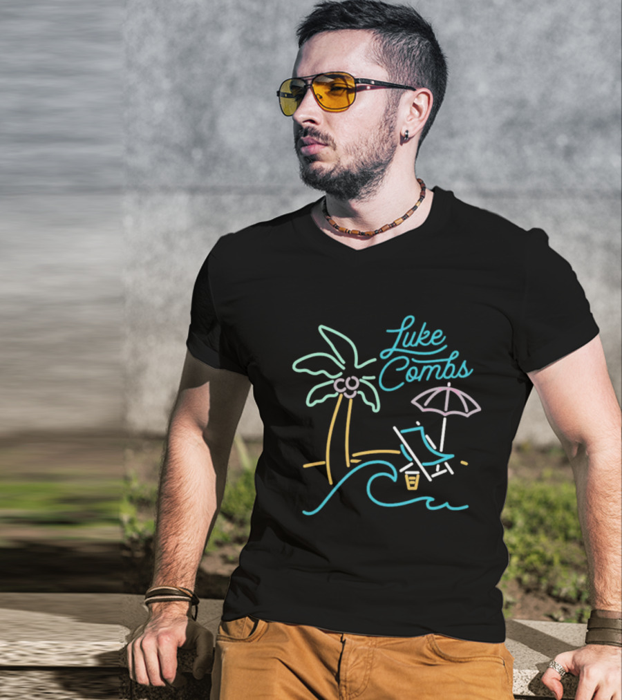 Luke Combs Neon Palm Tree Beach Scene With Umbrella And Chair T-Shirt