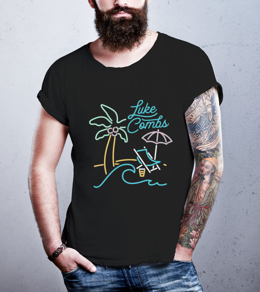 Luke Combs Neon Palm Tree Beach Scene With Umbrella And Chair T-Shirt