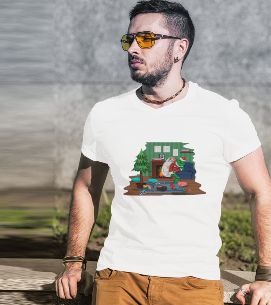 Grinch In Santa Outfit Stealing Presents By The Christmas Tree T-Shirt