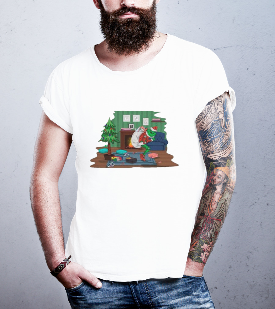 Grinch In Santa Outfit Stealing Presents By The Christmas Tree T-Shirt
