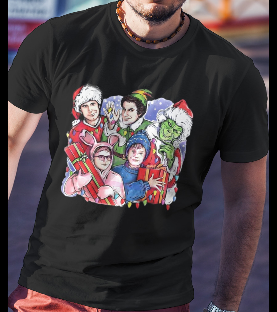 Christmas Friends Movie Character Santa Elf Grinch Pink Bunny T-Shirt