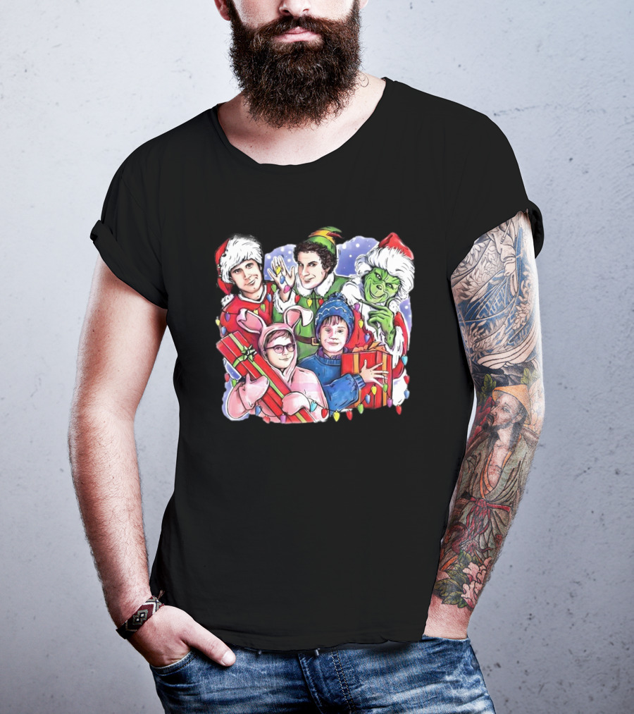 Christmas Friends Movie Character Santa Elf Grinch Pink Bunny T-Shirt