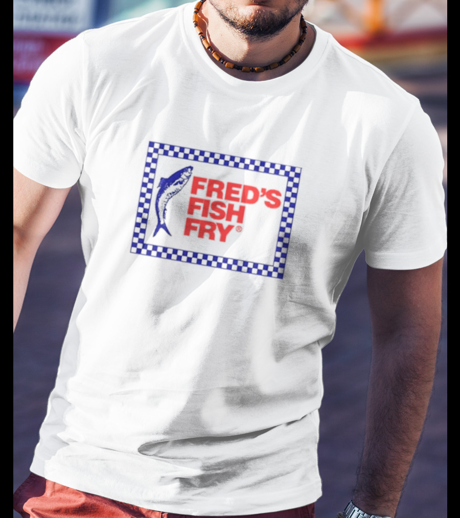 Fred’s Fish Fry Red And Blue Checkered Border With Fish T-Shirt