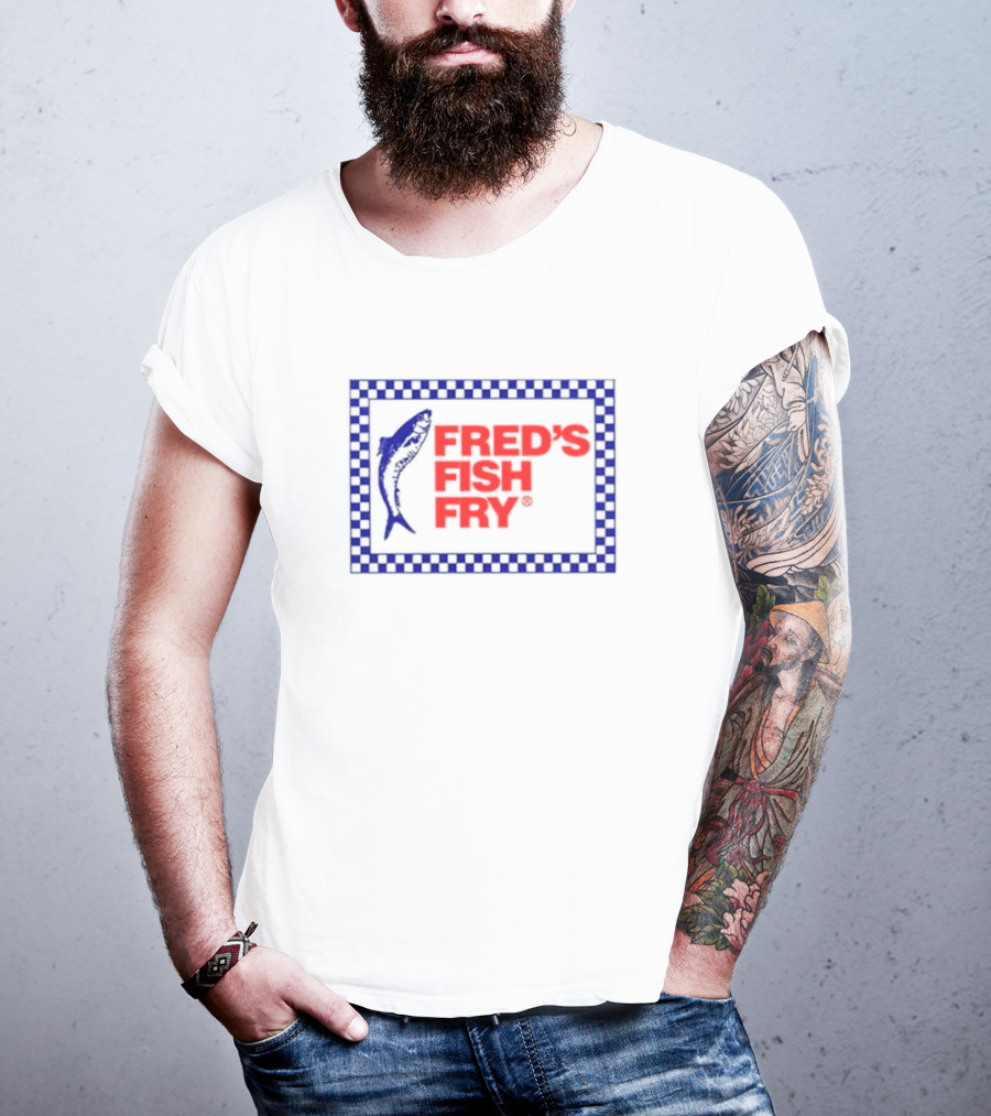 Fred’s Fish Fry Red And Blue Checkered Border With Fish T-Shirt
