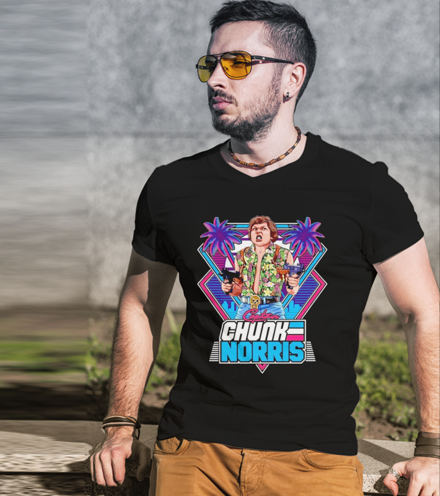 Captain Chunk Norris Retro Miami Vice Styled Character With Dual Pistols And Neon Palm Trees T-Shirt