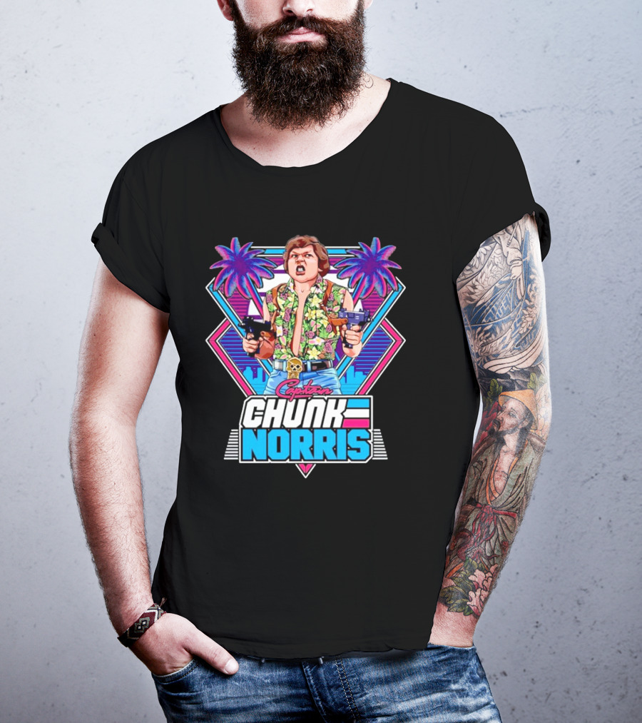 Captain Chunk Norris Retro Miami Vice Styled Character With Dual Pistols And Neon Palm Trees T-Shirt