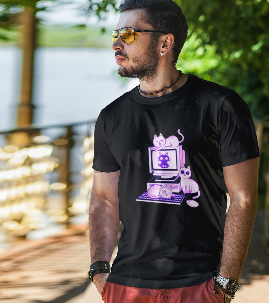 Cats Over Retro Computer With Pixel Art Cat On Screen T-Shirt
