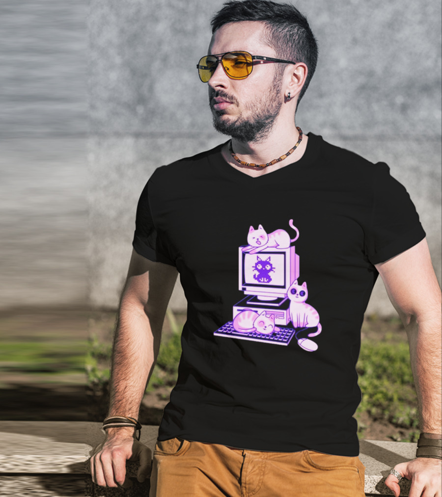 Cats Over Retro Computer With Pixel Art Cat On Screen T-Shirt