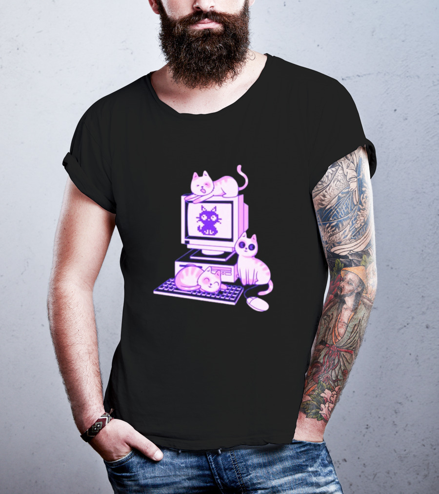 Cats Over Retro Computer With Pixel Art Cat On Screen T-Shirt