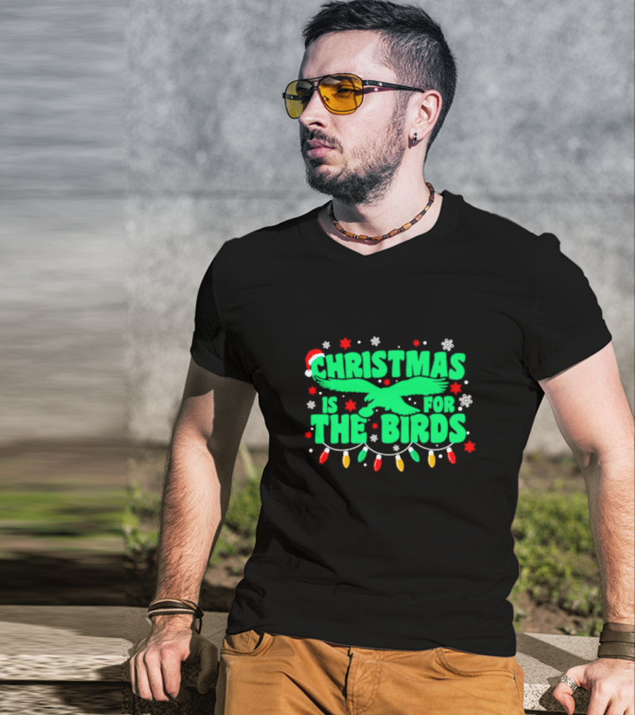 Christmas Is For The Birds Festive Holiday Lights Snowflakes Santa Hat T-Shirt