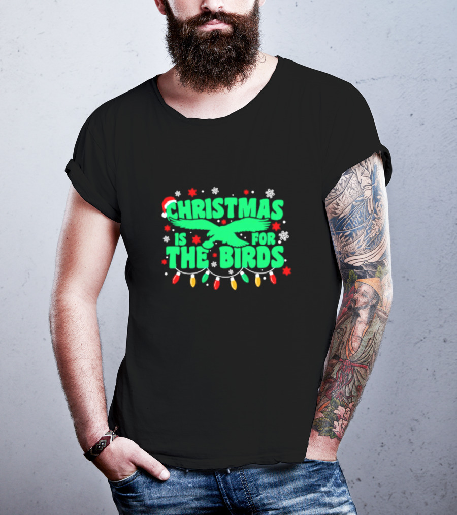 Christmas Is For The Birds Festive Holiday Lights Snowflakes Santa Hat T-Shirt