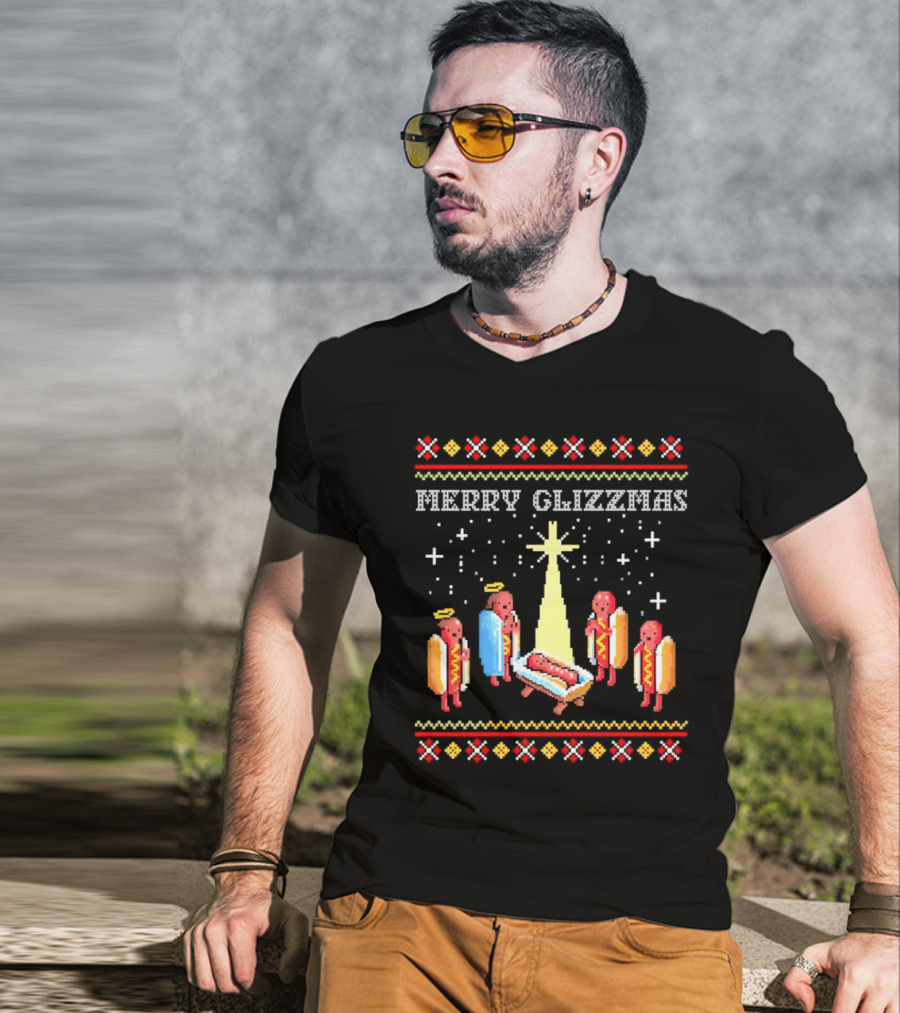 Merry Glizzmas Nativity Hot Dog Angels Scene Ugly Christmas T-Shirt