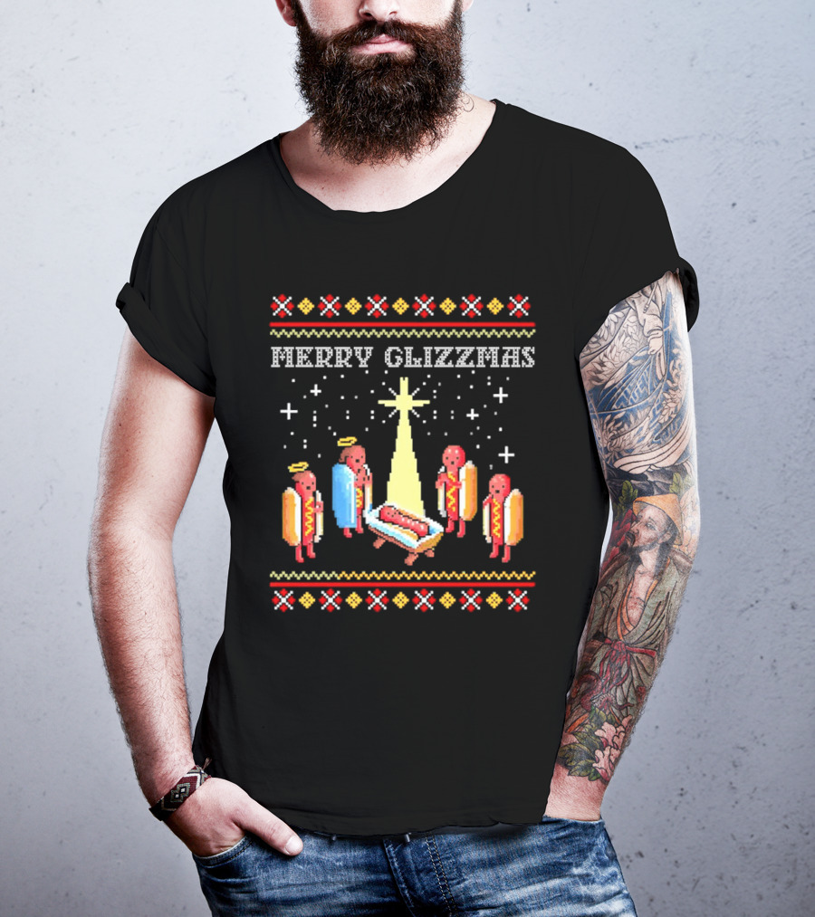 Merry Glizzmas Nativity Hot Dog Angels Scene Ugly Christmas T-Shirt