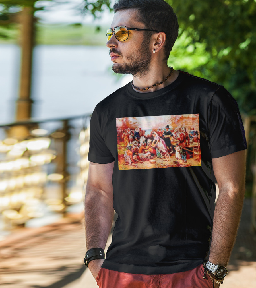 The First Thanksgiving 1621 Pilgrims And Native Americans Harvest Feast T-Shirt