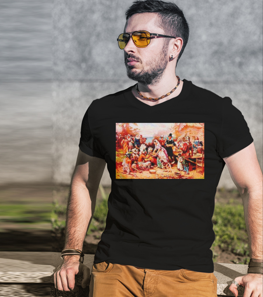The First Thanksgiving 1621 Pilgrims And Native Americans Harvest Feast T-Shirt
