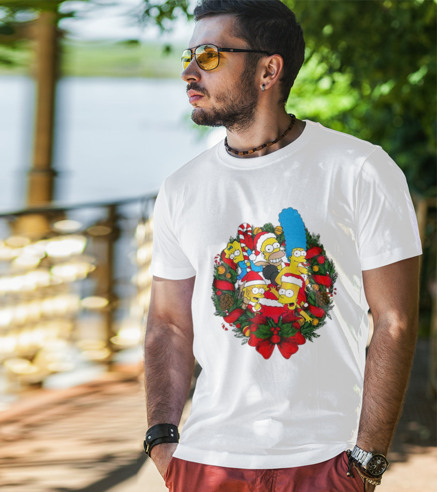 The Simpsons Holiday Wreath With Santa Hats And Candy Canes T-Shirt