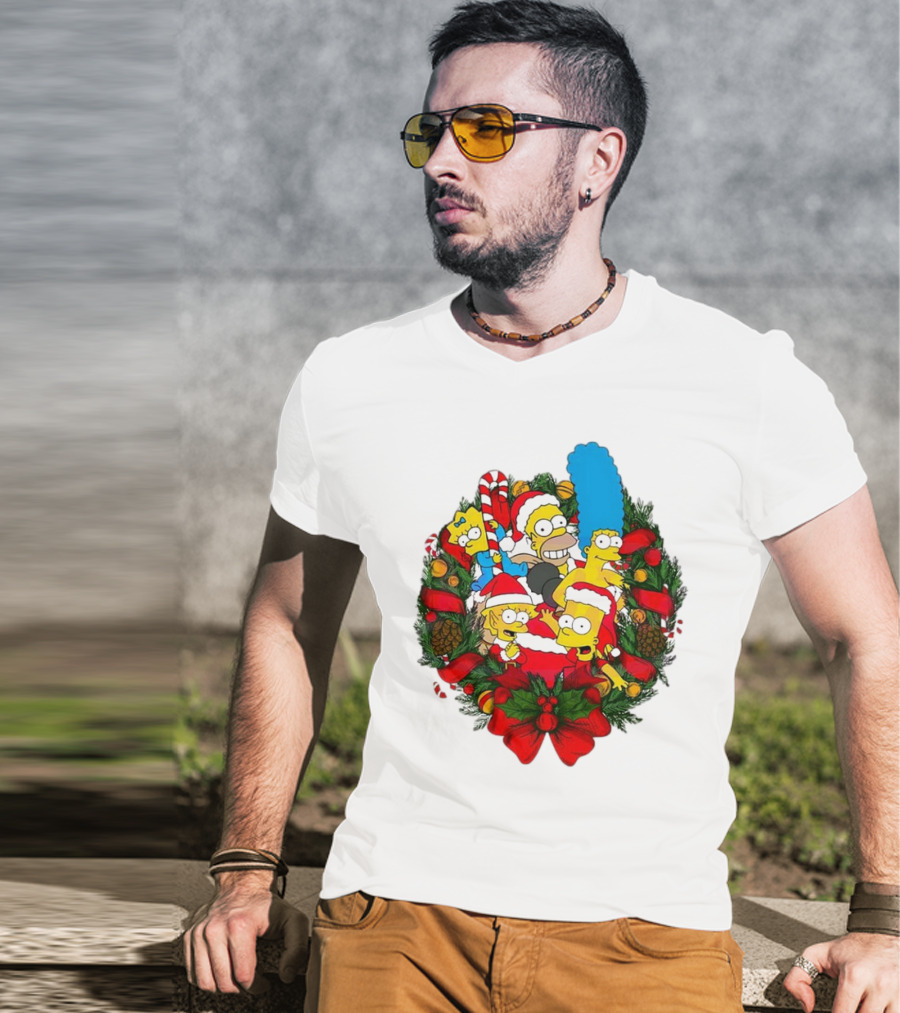 The Simpsons Holiday Wreath With Santa Hats And Candy Canes T-Shirt