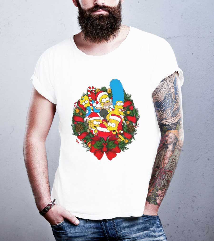 The Simpsons Holiday Wreath With Santa Hats And Candy Canes T-Shirt