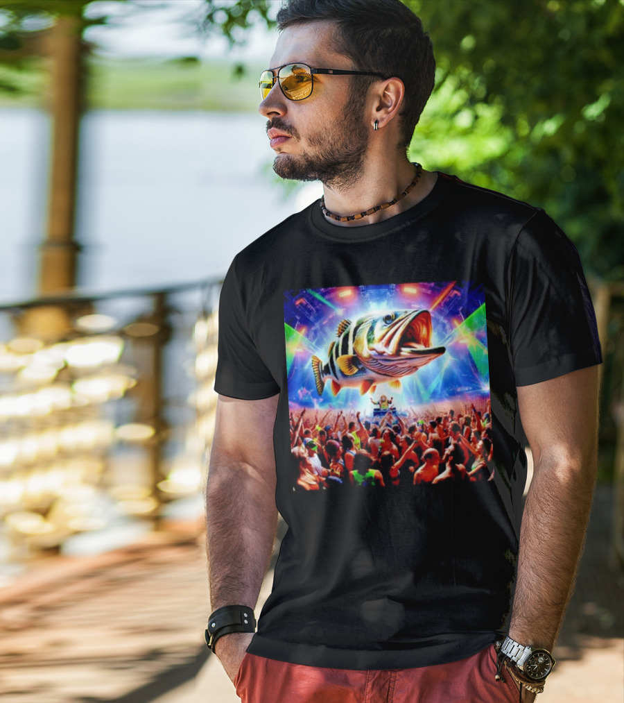 When The Bass Drops With Giant Fish Over Rave Crowd T-Shirt