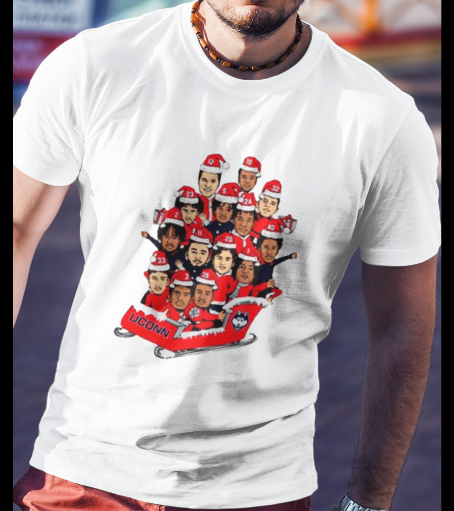 UConn Huskies Christmas Cartoon Sled Team Santa Hats T-Shirt