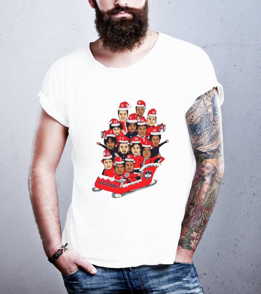 UConn Huskies Christmas Cartoon Sled Team Santa Hats T-Shirt