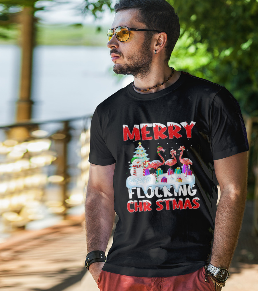 Merry Flocking Christmas Flamingo And Snowman Festive T-Shirt