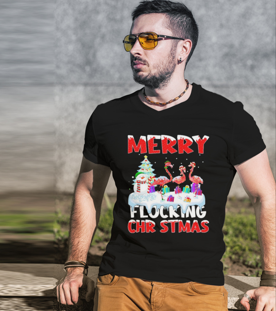 Merry Flocking Christmas Flamingo And Snowman Festive T-Shirt