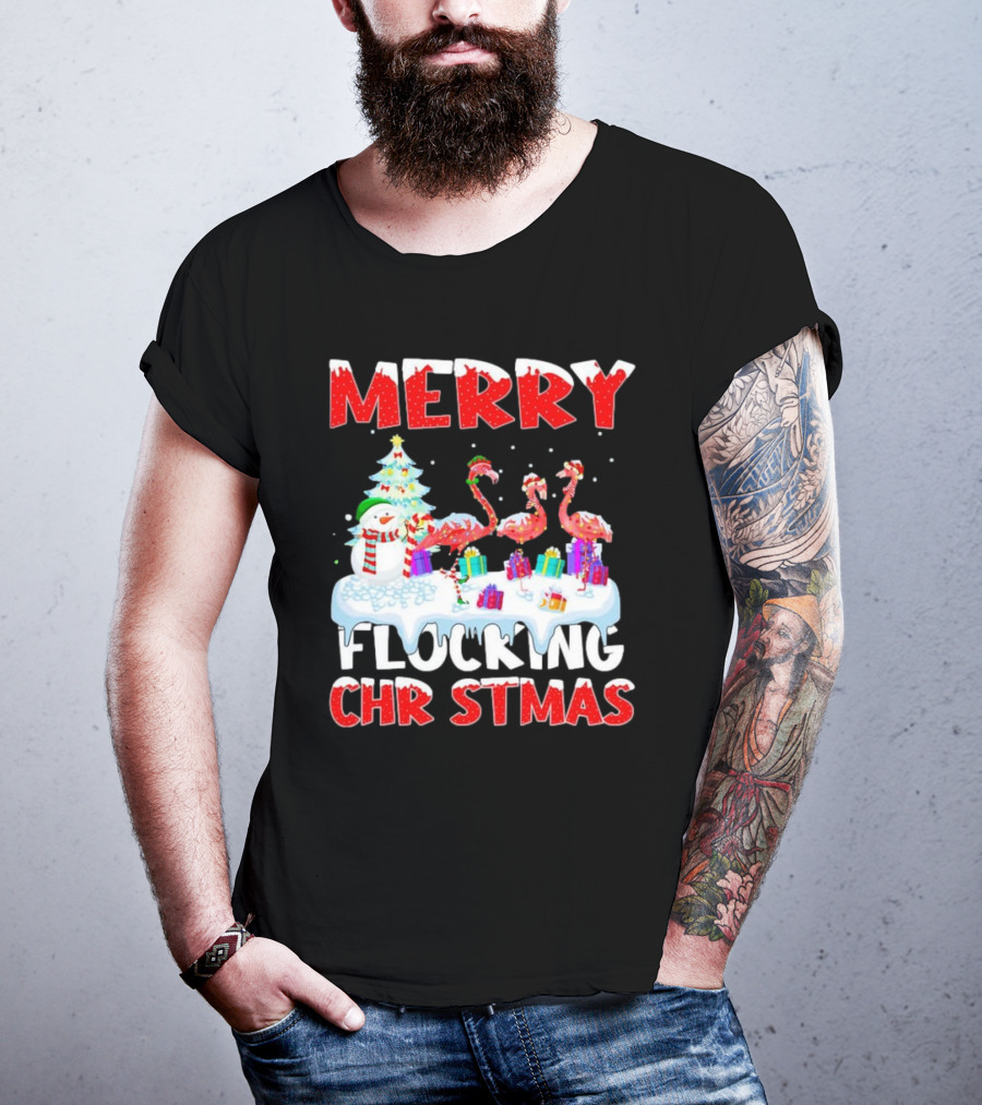 Merry Flocking Christmas Flamingo And Snowman Festive T-Shirt