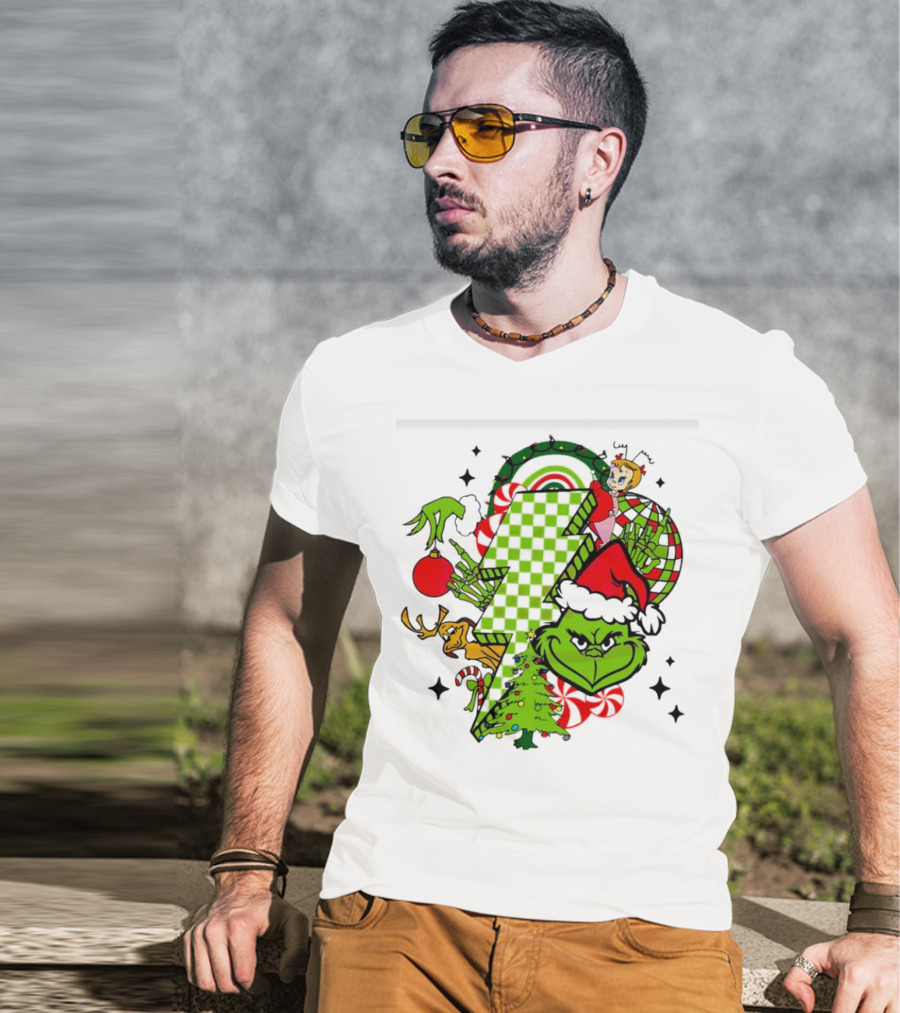 Grinch Christmas Checkered Lightning Bolt With Friends And Festive Decorations T-Shirt