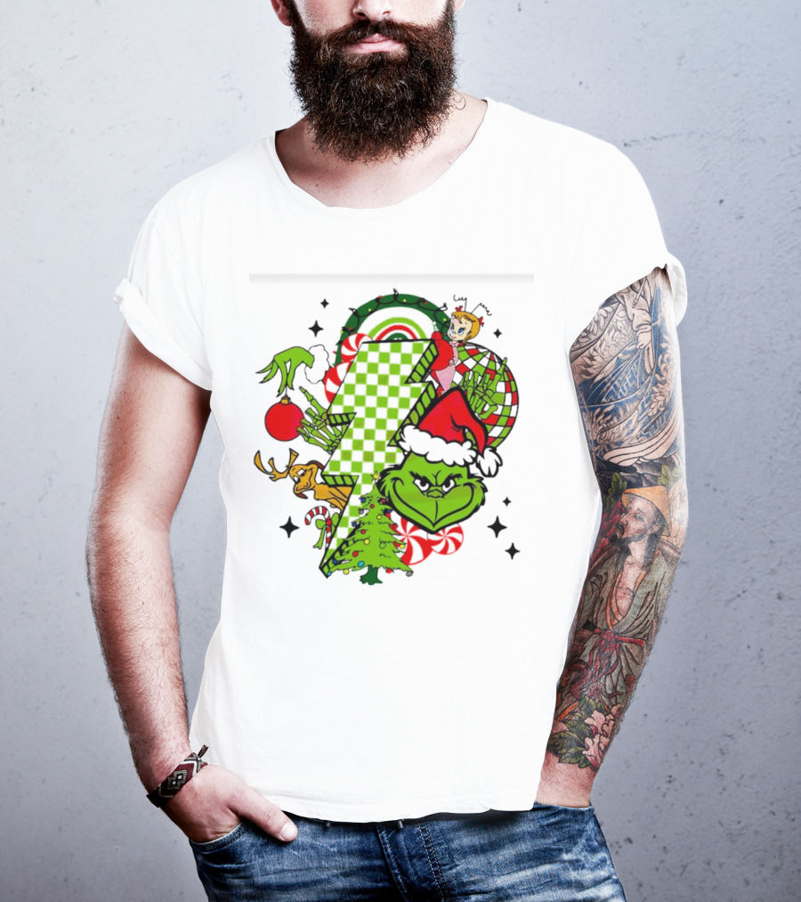 Grinch Christmas Checkered Lightning Bolt With Friends And Festive Decorations T-Shirt