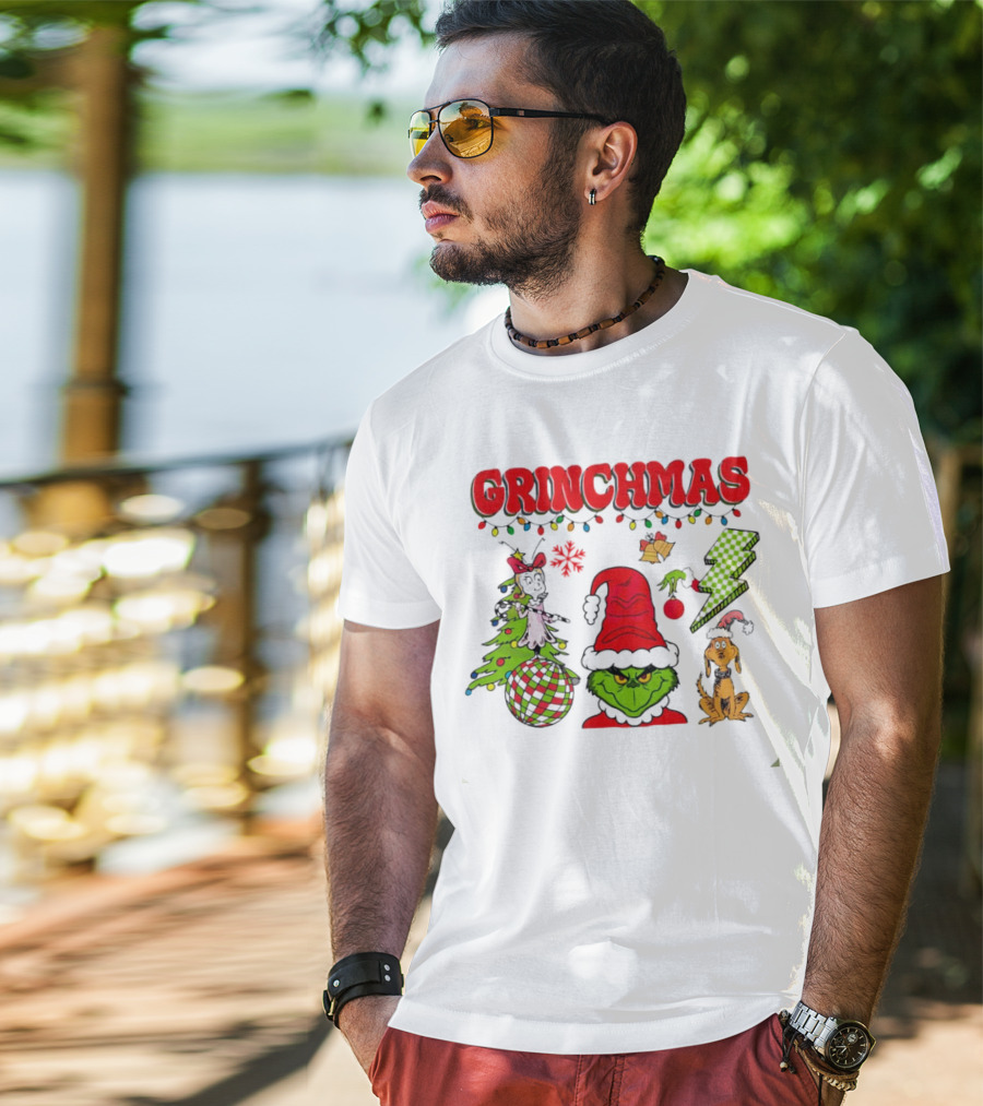 Grinch Grinchmas Red Hat Christmas Tree Max Dog Lightning Bolt Ornaments T-Shirt